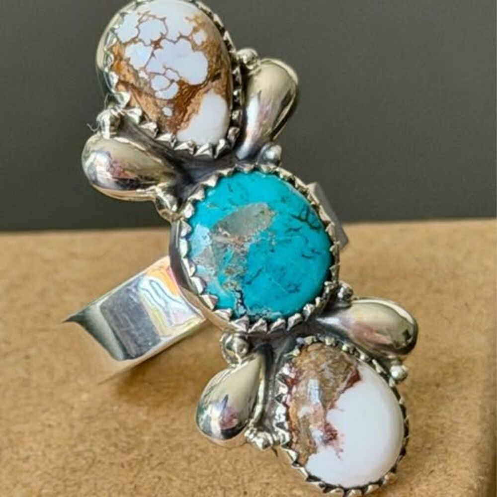 Wild Horse & Blue Turquoise Sterling Silver Ring — Adjustable 7–8.5